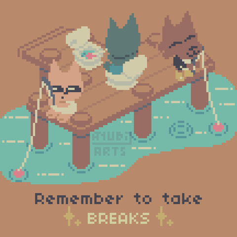 A Pixel Fanart of Webfishing. There's various characters fishing at the pier, with one of them looking very suspiciously at the one in the middle, who's sitting in a toilet and is fishing in another toilet. The quote "Remember to take BREAKS" can be read below, with "Breaks" being surrounded by sparkles.