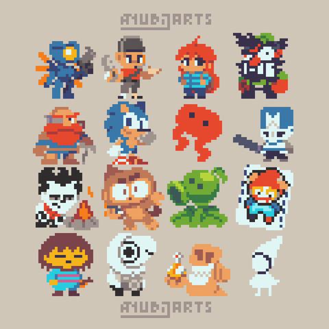 A collection of 16 small pixel fanarts. From left to right, top to bottom:
v1 from Ultrakill, Scout from Team Fortress 2, Madeline from Celeste, Anton from Antonblast
Scout from Deep Rock Galactic, Sonic from... Well, Sonic, Piku from Pikuniku, Blue Knight from Castle Crashers
Wilson from Don't Starve (Together), Dart Monkey from Bloons TD 6, Peashooter from Plants vs Zombies, Jimbo from Balatro
Frisk from Undertale, TOEM's main character, Worm from Worms (duh) and Ida from Monument Valley.
