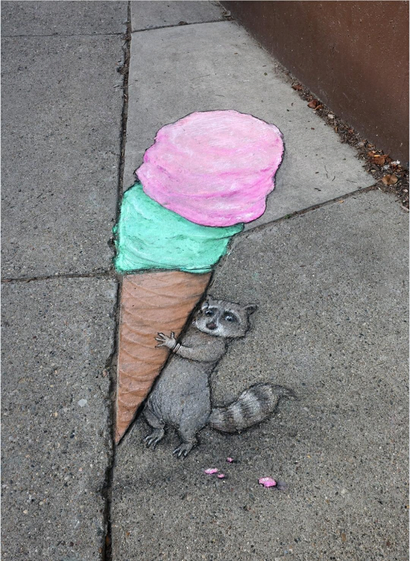A chalk drawing of a squirrel holding an ice cream cone with scoops in mint green and bright pink