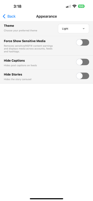 Pixelfed app settings with a new option, Hide Stories