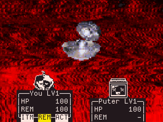 RPG battle with Ratatui UI, You and Puter are fighting a Demon Core. Background is red static noise.