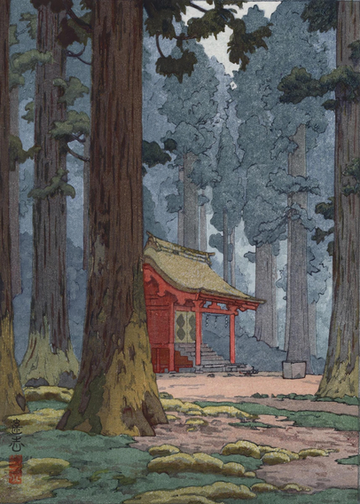 A small red-lacquered shinto shrine stands in a little forest clearing. The shrine is surrounded by tall cryptomeria trees, moss clinging to the bases of their trunks and growing nearby in clumps across the ground. Above, a tiny glimpse of sky afforded by a break in the tree canopy shows an overcast day. There are no people in the scene.