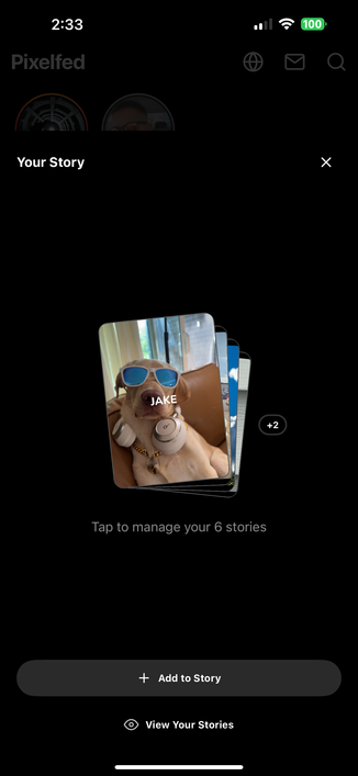 Pixelfed app showing the Your Story modal with the dark theme and 6 active stories