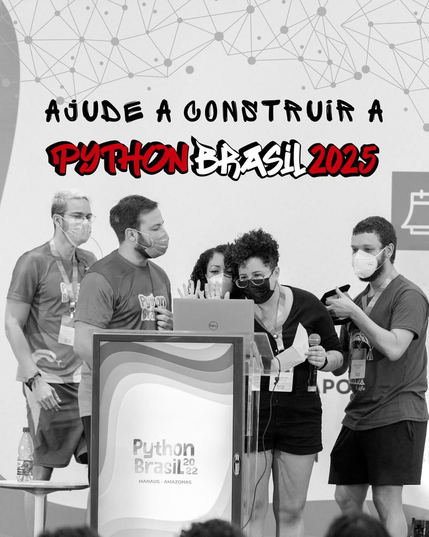Imagem de fundo da Python Brasil 2022, onde temos três homens e duas mulheres, parte participantes, parte organizadores, no palco do evento.

"Ajude a construir a Python Brasil 2025" escrito em uma fonte de grafite.