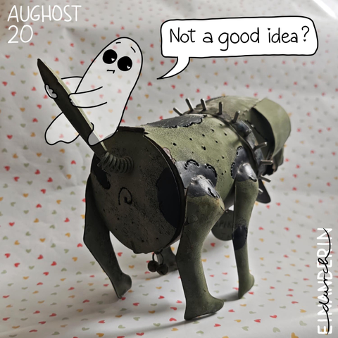 Foto eines Deko-Hunds aus lackiertem, teilweise rostigem Metall. Hinten am Schwanz hält sich ein digital ergänztes Gespenst fest und will diesen, weil er mit einer Metallfeder am Hundekörper verbunden ist, zum Schwingen bringen. Sprechblase: "Not a good idea?"

Photo of a decorative dog made of painted, partially rusted metal. A digitally added ghost is clinging to the tail, trying to make it swing because it's connected to a metal spring on the dog's body. Speech bubble: "Not a good idea?"