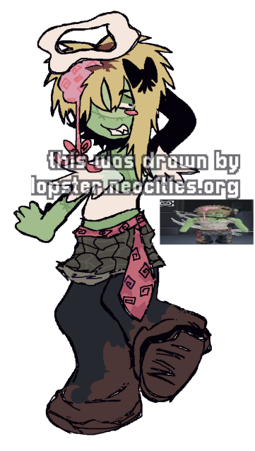 A drawing of a zombie themed roblox avatar posing with her back to the camera.