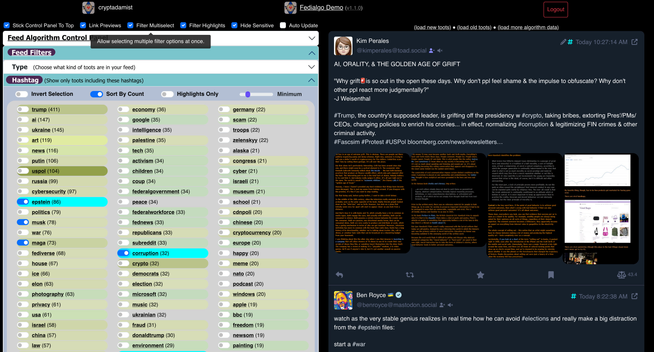 screenshot of fedialgo multiselect for hashtag filters