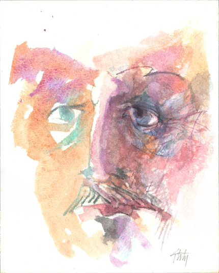 Portrait of an imaginary man, using mostly red/orange/yellow watercolors