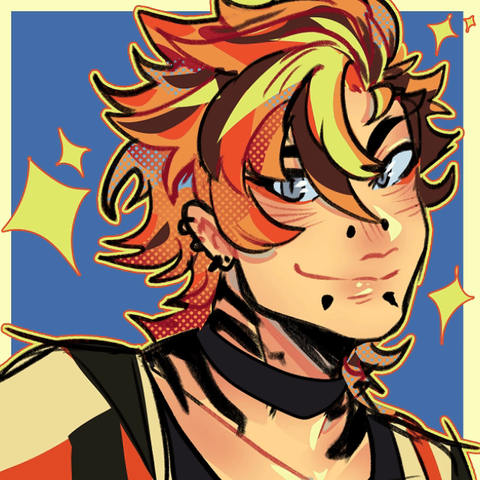 An animated gif of my OC, Ty! He's static before blinking and grinning at the camera. He has bright orange hair, with red, brown and yellow highlights! Facial piercings on his nose, mouth and ears. He has tattoos resembling tiger stripes on his body.