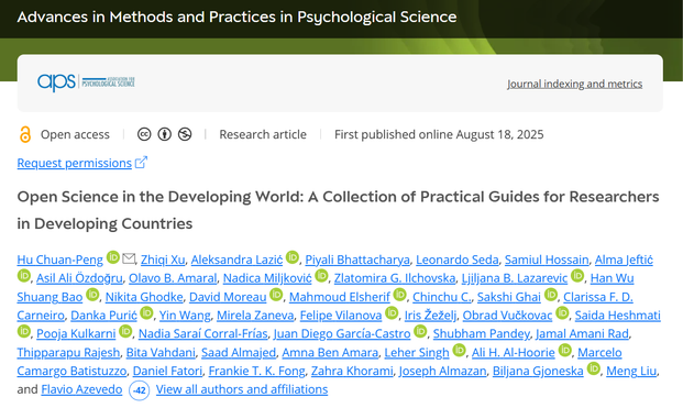 Screenshot of the title and author list of the article "Open Science in the Developing World: A Collection of Practical Guides for Researchers in Developing Countries" published August 18, 2025 in Advances in Methods and Practices in Psychological Science.