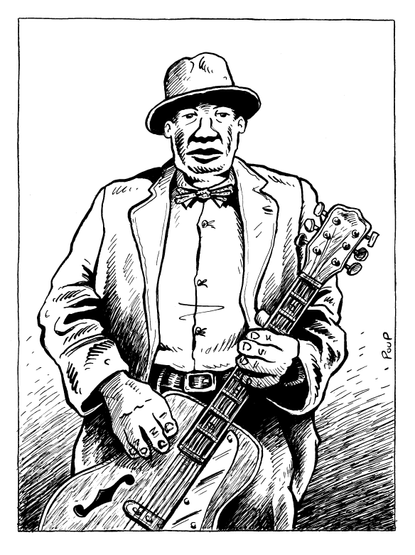 Un bluesman du delta du Mississippi, coiffé d'un chapeau et portant un noeud papillon, pose fièrement avec sa guitare.

A Mississippi Delta bluesman, wearing a hat and a bow tie, poses proudly with his guitar.