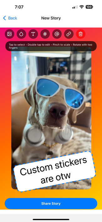 Pixelfed Story Composer with a text overlay that says "Custom stickers are otw"