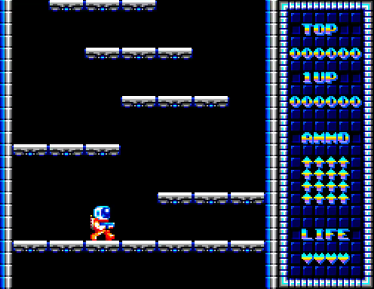  A short video clip of a homebrew master system game where a spaceman is climbing platformers by jumping and using a grapple hook.