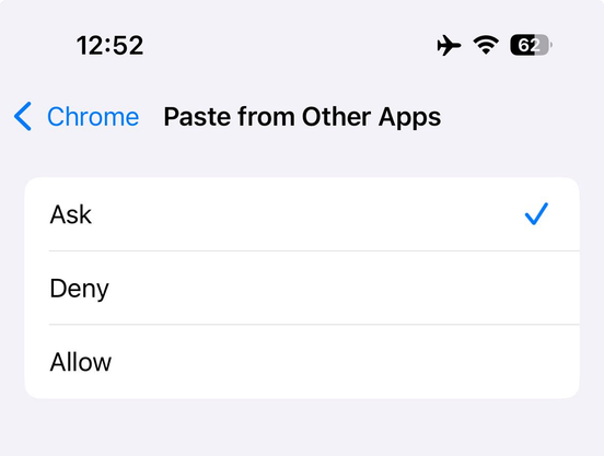 Screenshot of the settings in iOS to grant Chrome access to the clipboard 