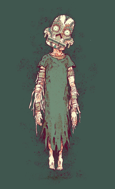 Illustration of a spirit, floating, in rags, wearing a mask