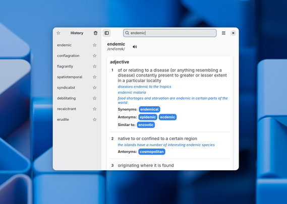 Screenshot of a medium-sized Wordbook window on the GNOME 49 wallpaper. The window has a sidebar with the history of words and a main view with multiple possible definitions for the word "endemic".