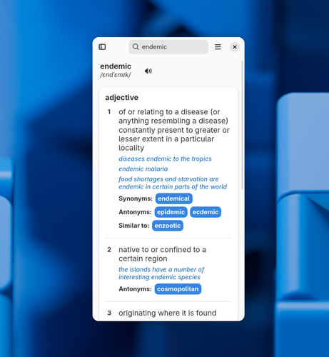 Screenshot of a narrow, mobile-sized Wordbook window on the GNOME 49 wallpaper. The current view shows with multiple possible definitions for the word "endemic".