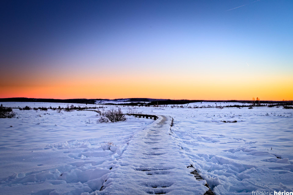 Paysage des Hautes Fagnes belges. Un chemin en bois serpente dans la neige. C'est tôt le matin, le ciel est un dégradé de jaune-orange à l'horizon qui va vers un bleu profond dans le haut du ciel. L'air est glacial
-
Landscape of the Belgian High Fens. A wooden path winds through the snow. It is early morning, the sky is a gradient of yellow-orange on the horizon, fading to a deep blue higher up. The air is freezing cold.
-
Landschaft des belgischen Hohen Venns. Ein Holzpfad schlängelt sich durch den Schnee. Es ist früh am Morgen, der Himmel ist am Horizont in Gelb- und Orangetönen gehalten, die nach oben hin in ein tiefes Blau übergehen. Die Luft ist eisig kalt.