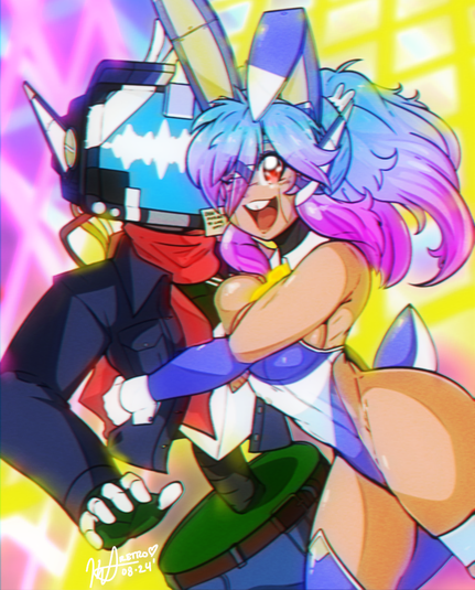 The Monitor, a robot with a CRT monitor for a head and dressed in a jean jacket and red scarf, being tackle-hugged by Bun-E03, an android woman with mechanical rabbit ears and tail with a bunny suit to match. Bun-E03 is looking at the viewer with a wink and smile, her free hand making a peace sign / rabbit ears behind The Monitor.