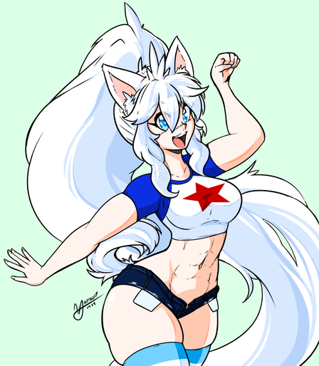 Nova, a woman with dog-like ears and tail, jumping and pumping one fist into the air with a triumphant pose as her long white hair flows behind her, tied in a ponytail. She's dressed in a cropped raglan t-shirt with a red star in the center, cut-off jean shorts, long striped blue and white socks, and red canvas sneakers.