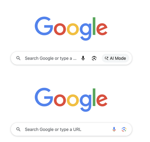 A screenshot comparing a portion of the "new tab" page in Google chrome, with and without an "AI Mode" button inside the Google search bar.
