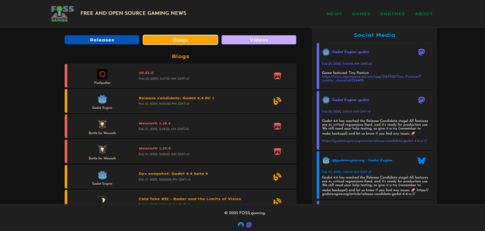 Screenshot from a newsfeed of FOSS gaming devlogs alongside social media posts about foss games and engines.