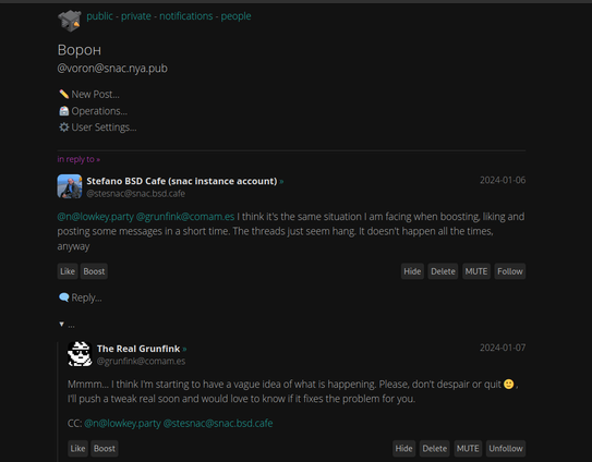 A screenshot of a social media thread. The first post is by "Stefano BSD Cafe" and describes a problem where threads hang when boosting, liking, and posting messages in a short amount of time. The reply is from "The Real Grunfink", who says they have a vague idea of the issue and will push a fix soon.