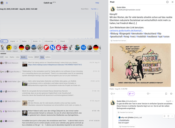 The interface of the Catch-Up page on Phanpy: a list of posts mostly shared by my network