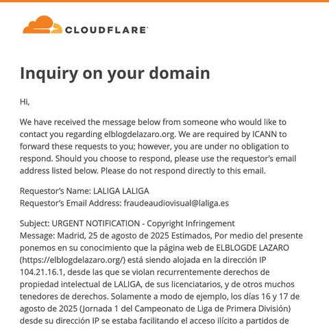Captura 1/2 del correo enviado por #laliga amenazando con denunciarme por no denunciar a #cloudflare