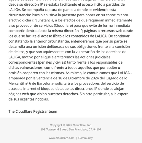 Captura 2/2 del correo enviado por #laliga amenazando con denunciarme por no denunciar a #cloudflare