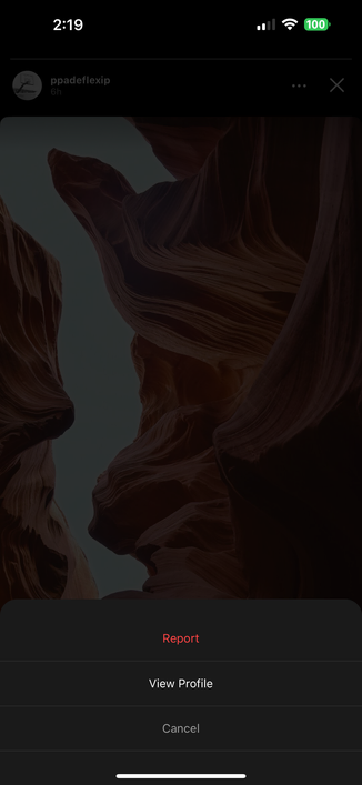 Pixelfed Stories with the story menu open, showing "Report", "View Profile" and "Cancel" menu options