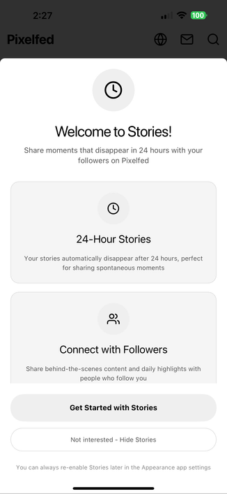 Pixelfed Stories onboarding screen in light mode
