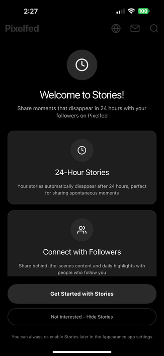Pixelfed Stories onboarding screen in dark mode