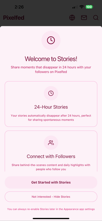 Pixelfed Stories onboarding screen in hot pink mode