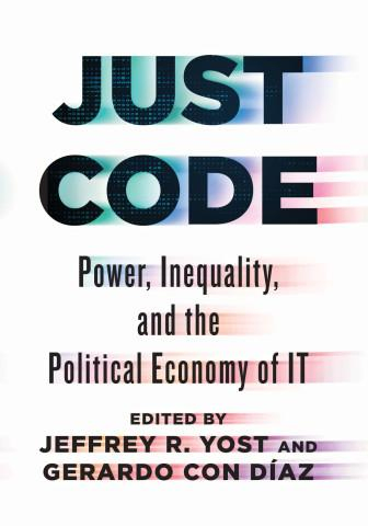 Cover of Just Code volume with black bold text for title and trailing pastel waves.