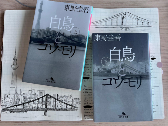Two books in Japanese that feature a bridge, city outline and a tower on their covers are placed on a notebook with drawings imitating the two covers. Some text in French is partially visible behind the books with three words blackened. 