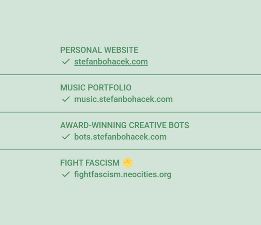 A screenshot of a section of my Mastodon profile with four website links, all marked with a checkmark and green background as they have been "verified".