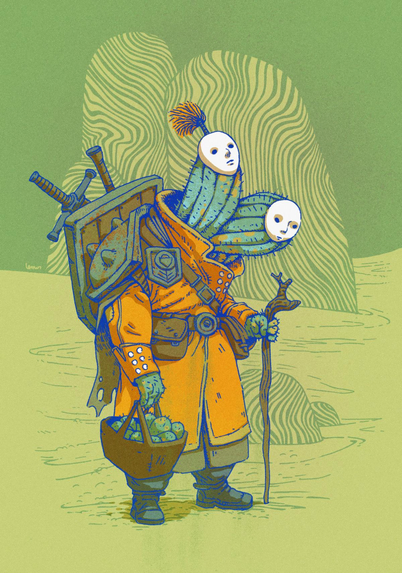 Illustration of an humanoid cactus, in the desert, wearing combar geat, with 2 white masks, holding a basket of smaller cacti.