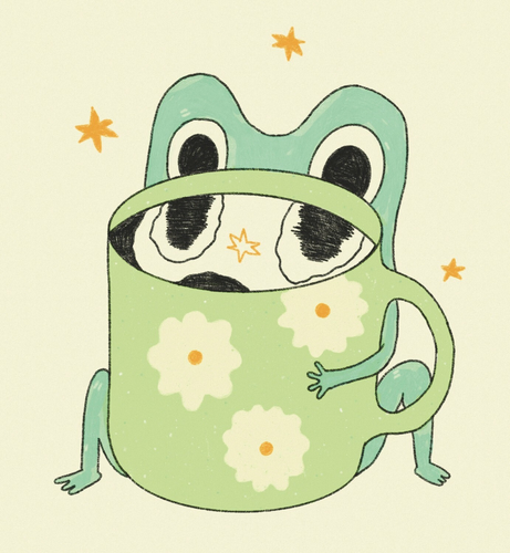 digital art of a frog holding a mug that's as big as himself, watching his reflection in the coffee