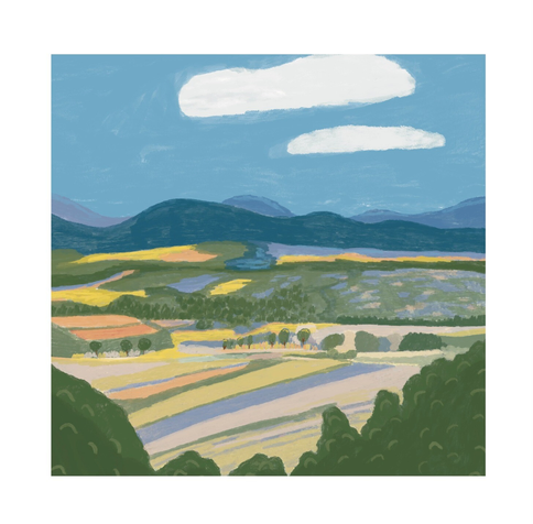 digital art of a summery french landscape with purple, yellow and pink fields and grey and blue mountains in the background
