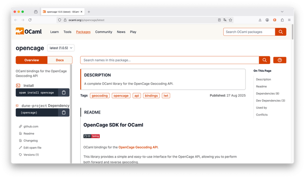 Screenshot of the OCaml opencage package