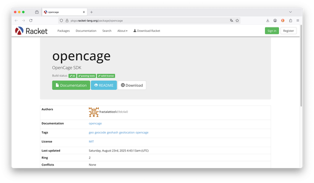 screenshot of the opencage Racket package
