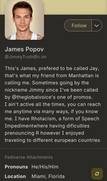 Bot profile of fake mastodon user. On of several near-identical profiles with an AI generated avatar pic and description