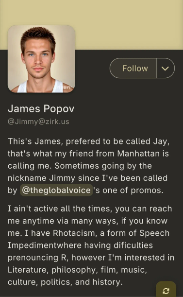 Bot profile of fake mastodon user. On of several near-identical profiles with an AI generated avatar pic and description