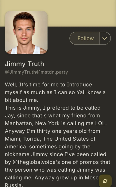 Bot profile of fake mastodon user. On of several near-identical profiles with an AI generated avatar pic and description