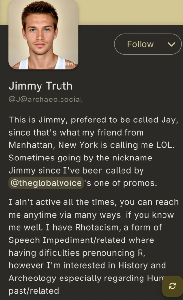 Bot profile of fake mastodon user. On of several near-identical profiles with an AI generated avatar pic and description