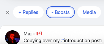 screenshot of user timeline with buttons for showing replies and hiding boosts