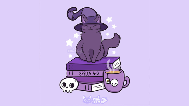 A cute purple colored illustration of a smiling cat with a witch hat sitting on spellbooks with a skull and tea mug next to the books.