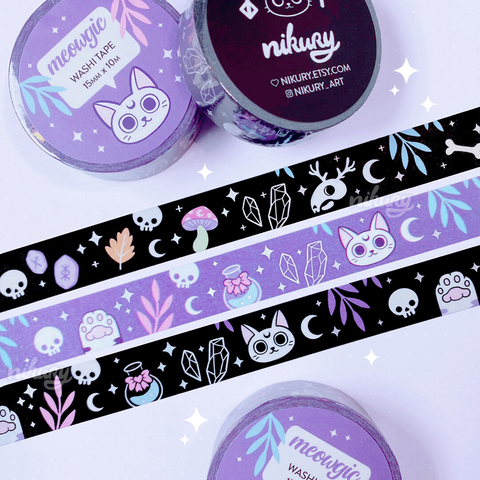 A picture of three cute illustrated washi tapes. First one is black with witchy items like skulls, runes, moons and flora. The second one is similarly themed, but purple with cats and cat paws. Third one is the same as the second one, but black.