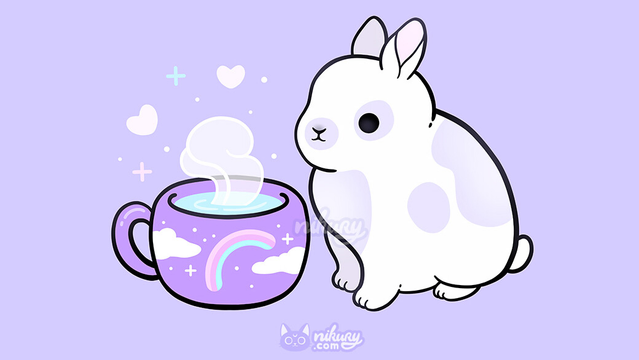 A cute pastel colored illustration of a smiling bunny sitting next to a rainbow tea mug and pastel sparkles + hearts.